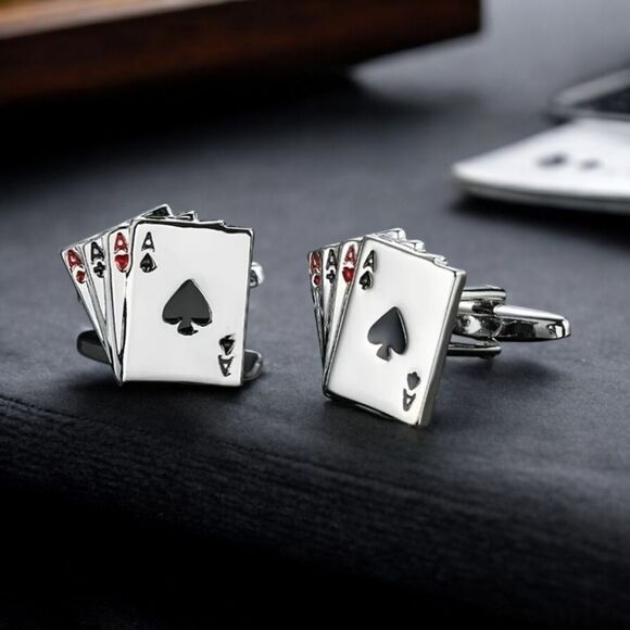 Four Aces Cufflinks Men's Tuxedo Prom Wedding Formal Poker Player Texas Hold Em - Picture 3 of 6